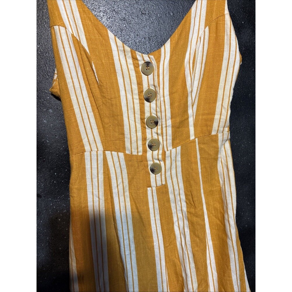 Cali 1850 Mustard Yellow & White Striped Romper Linen Blend Sz S Jumpsuit tie - Picture 2 of 6